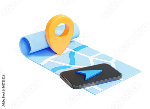 3D Navigation map with mobile phone and location pin. GPS on smartphone. Position point. Tracking app. Route marked. Cartoon creative design icon isolated on white background. 3D Rendering