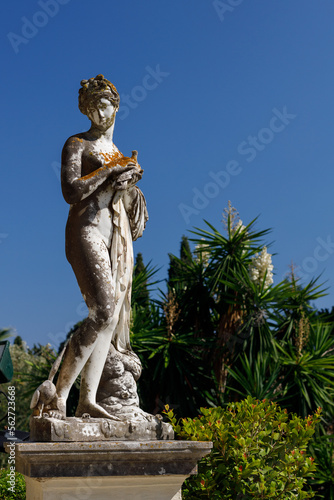 he Palace of the Empress Elisabeth Sissi of Austria, known as the Achilleion Palace, is home to a striking statue of Aphrodite holding a dove. This sculpture can be found on the grounds of the palace  photo