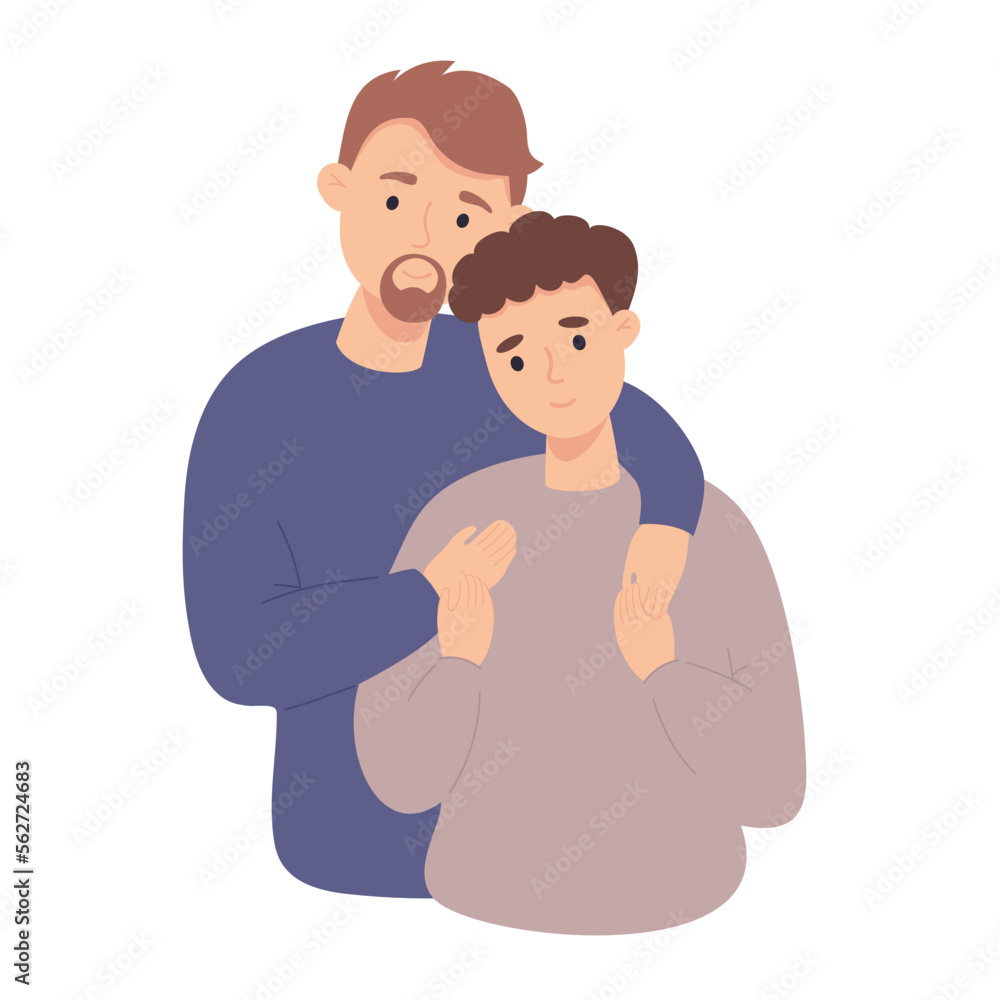 Happy gay couple hugging. Sweetheart couple together. LGBT family, LGBT pride. Vector illustration in flat cartoon style. Homosexual man couple.