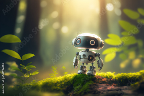 Cute little robot in the jungle with bokeh nature sunlight background. Generative AI #562724678