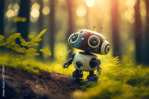 Cute little robot in the jungle with bokeh nature sunlight background. Generative AI