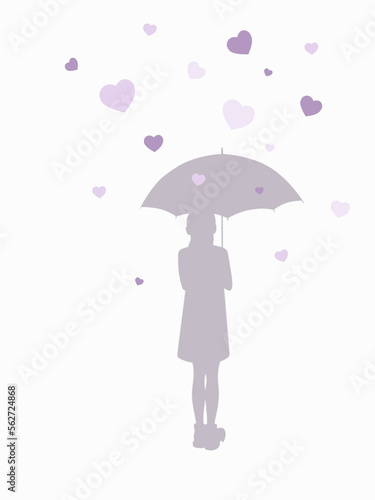 A girl with an umbrella in the rain in the form of a heart on a white background.
