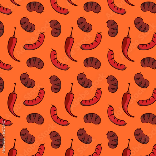 Pattern of baked sausages and chili peppers