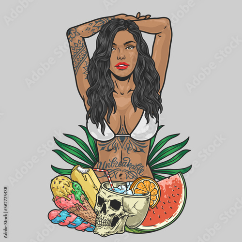 Beach bikini girls colorful emblem