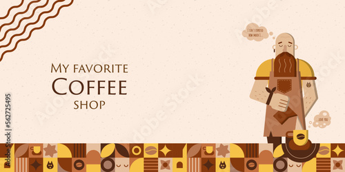 Horizontal coffee shop banner with barista making coffee in cup on square geometric abstract mosaic table. Poster for coffee house, coffee break, cafeteria, restaurant, web page. Vector illustration.