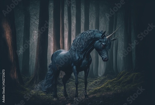 illustration of black unicorn stand in dark dim light forest  Generative Ai