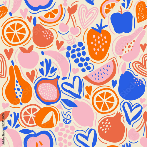 Seamless pattern with fruits in warm pastel color. Great for wallpaper, wrapping, gift papers, clothing, web page backgrounds, greeting cards and more. © Natalia's Store