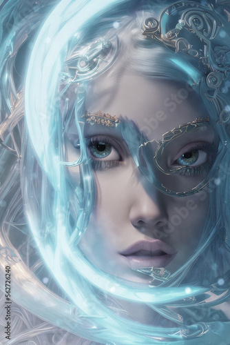 colorful fantasy female sorcerer with stylized eyes and features created with using Generative AI Technology