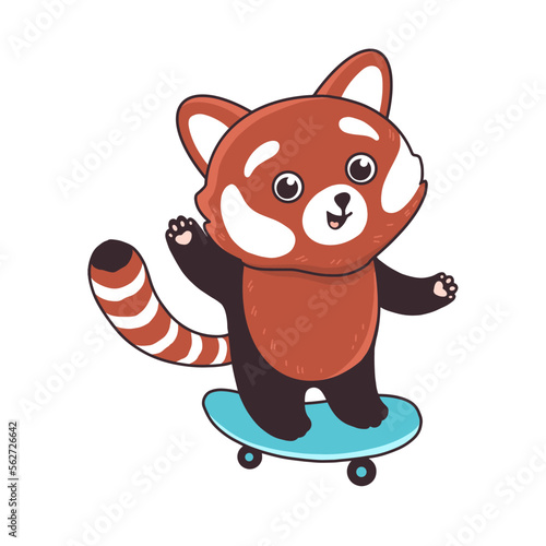 Cute red panda skating. Vector hand drawn illustration with animal character 