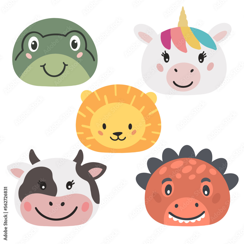 Frog, cow , unicorn , Dino, lion -cute animals faces . Hand drawn vector illustration
Frog, cow , unicorn , Dino, lion -cute animals faces . Hand drawn vector illustration