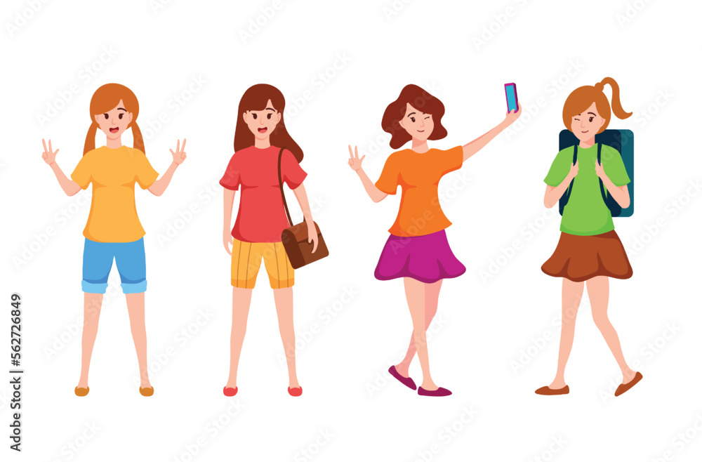 Young teenager ladies in cartoon character,different style Young teenager ladies in cartoon character,different style