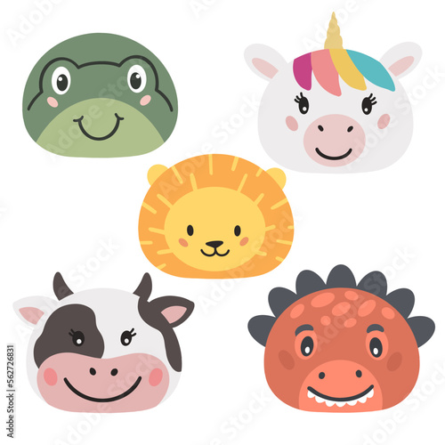 Frog, cow , unicorn , Dino, lion -cute animals faces . Hand drawn vector illustration
