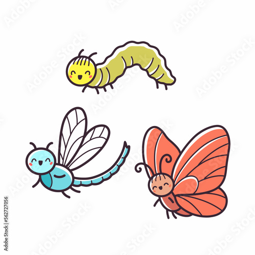 Dragonfly  butterfly  caterpillar - kids theme icons. Vector hand drawn illustrations 