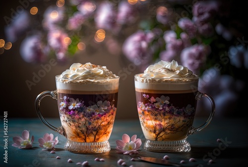  Artistic beautiful romance two cups of macchiato coffee serve with cherry blossom flower branch, spring season and national spring festival theme drink, idea for background Generative Ai