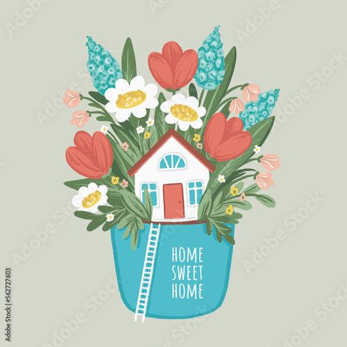 Housewarming greeting card template with vector hand drawn illustration with house and flowers
