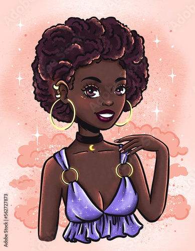Beautiful young african girl with pink skies and clouds background. Hand drawn illustration of woman portrait