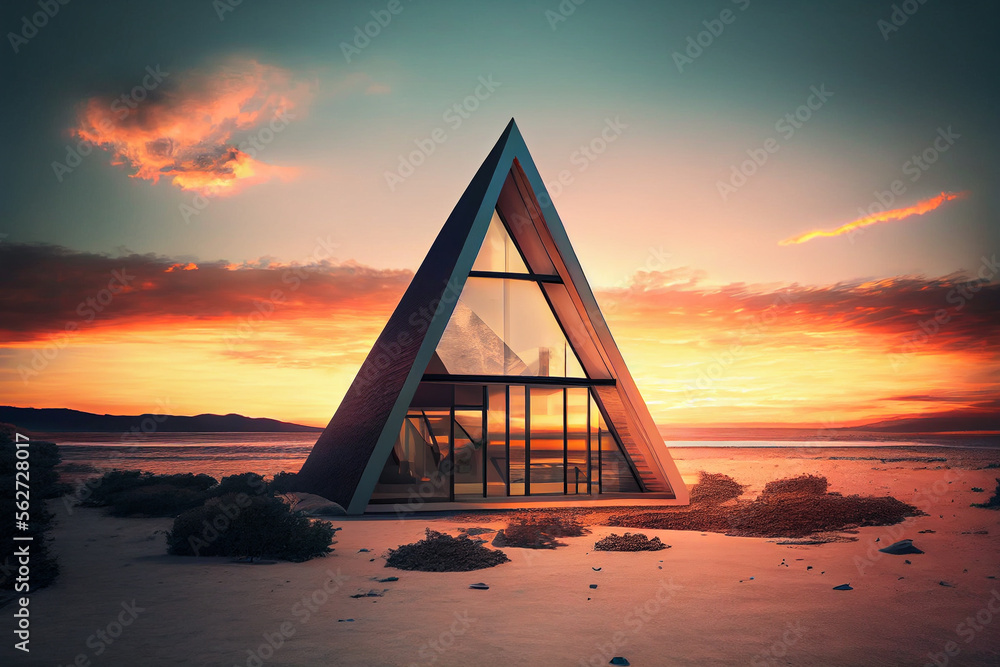 Contemporary triangle shape house on beach at sunset. Modern House with