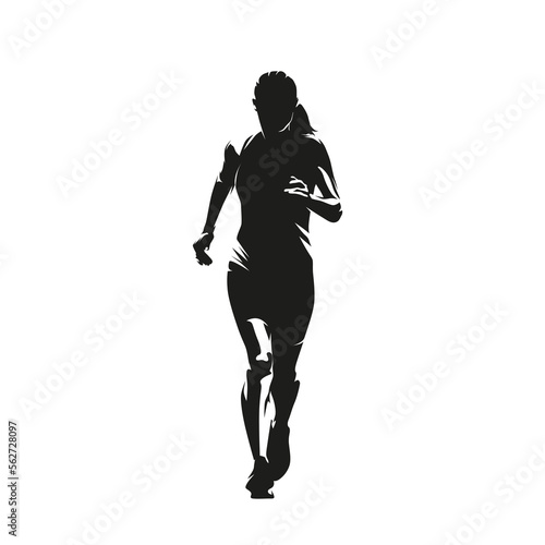 Run, running woman, isolated vector silhouette, ink drawing, front view