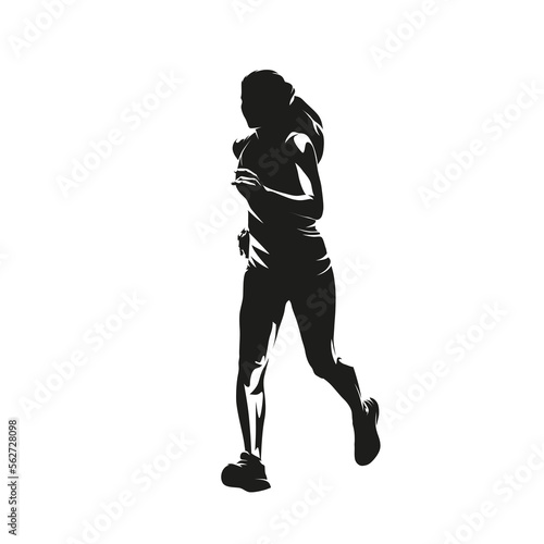 Run, running woman, isolated vector silhouette, ink drawing, front view