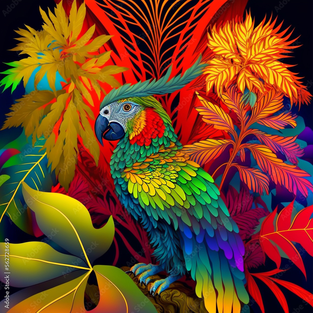 Obraz premium Parrot in 60s psychedelic style, central composition, decorative fantastic bird on vibrant abstract jungle, psychedelic background. AI generative art, AI generated illustration.