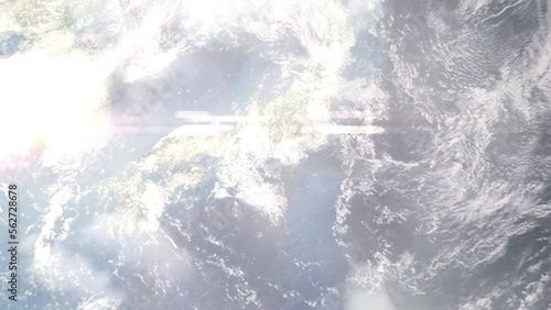 Earth zoom in from outer space to city. Zooming on Kakegawa, Shizuoka, Japan. The animation continues by zoom out through clouds and atmosphere into space. Images from NASA photo