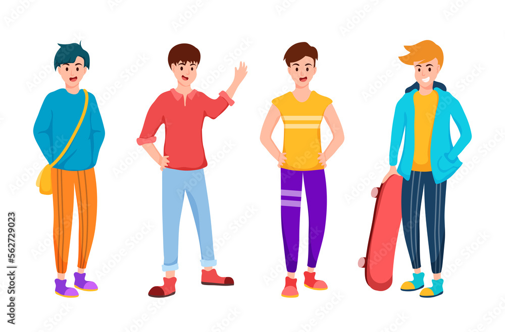 Young teenager school boys in cartoon character,wearing trendy leisure costume