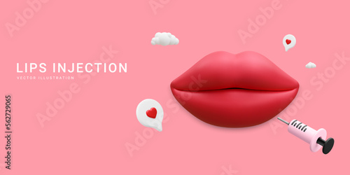3d realistic banner for lip injection. Concept of dermatology and cosmetology treatment. Red aesthetic beautiful lips with medical plastic syringe with cosmetic injection in cartoon style