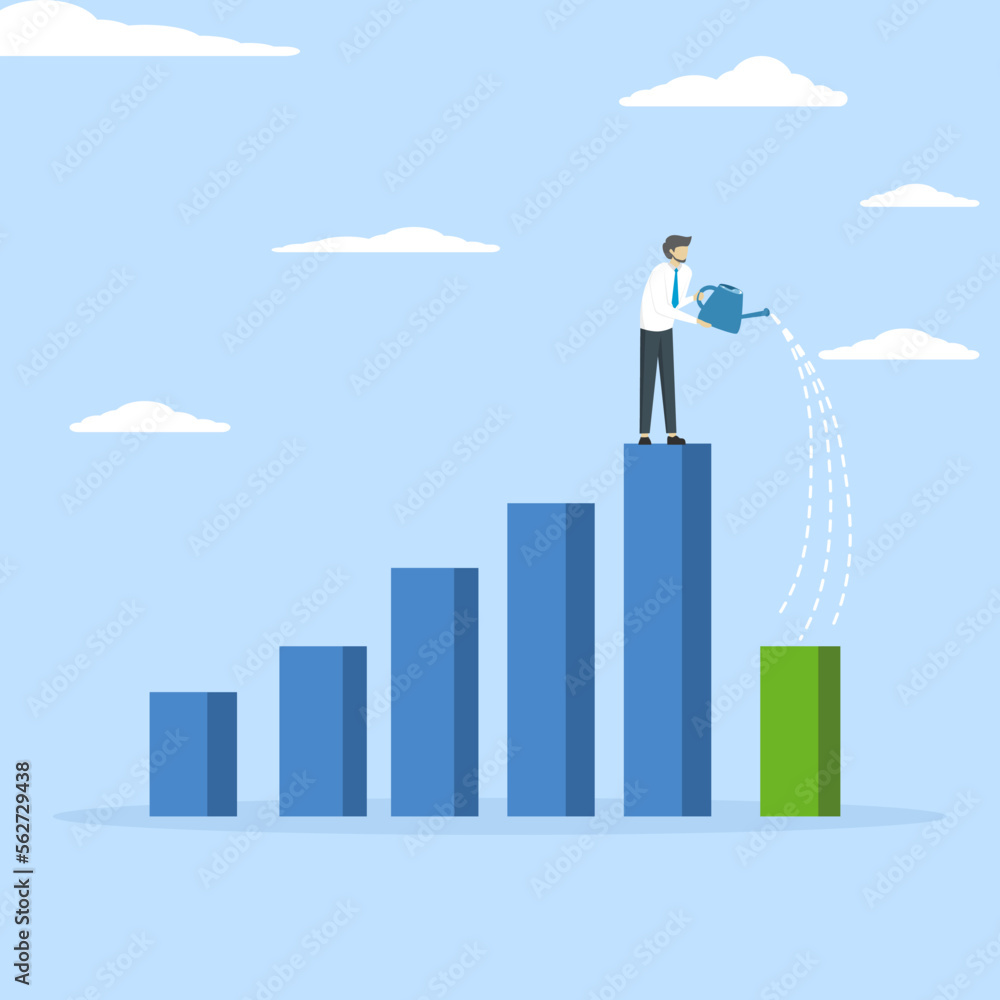 Economic recovery from money stimulus, leadership to grow business, business leader standing on profit bar chart watering this year bar chart growth, investment growth or profit and income concept. Economic recovery from money stimulus, leadership to grow business, business leader standing on profit bar chart watering this year bar chart growth, investment growth or profit and income concept.