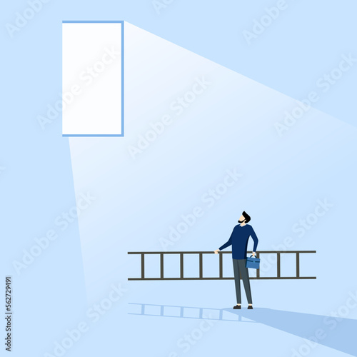 Business Concept hope to solve crisis problem, plan and strategy to achieve achievement, ladder of success concept, businessman holding ladder see hope plan to climb and escape through light exit.