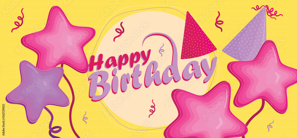Bright greeting card for Happy Birthday on yellow background