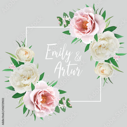 Floral wedding invite, save the date card. Frame, border design. Pink peony, cream white rose flowers, green leaves watercolor vector illustration. Stylish, chic spring, summer editable bouquet wreath