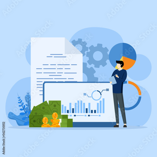 Financial market, investment income or money management analysis, economic growth, businessman investor holding tablet to analyze financial charts and graphs, stock market report concept.