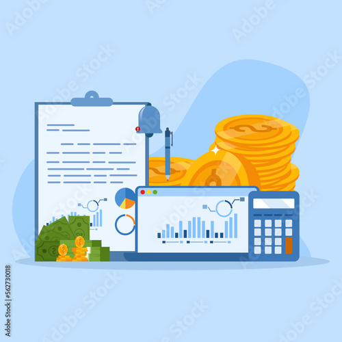 Business analysis, calculation or research for market growth, financial reports, investment data or sales information concept, business management, analyzing rising and falling charts and graphs.