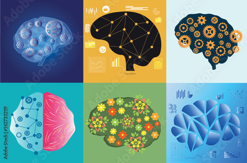 Set of human brains on color background. Concept of business and education
