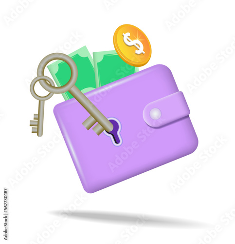 Wallet protection icon. The concept of payment security, financial security.
 The money is under reliable protection. Vector illustration, 3d.