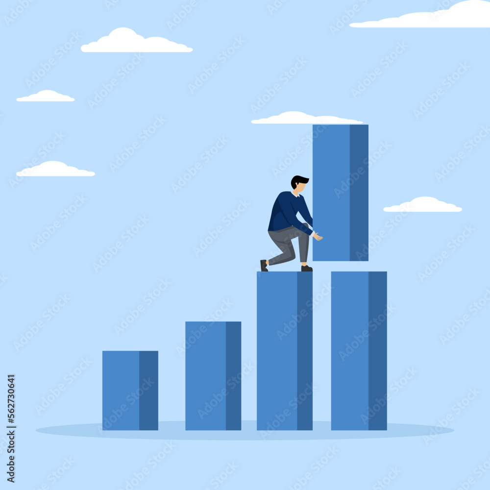 Concept Increase investment profit, GDP increase or growing business performance concept, successful businessman standing on a bar graph piling a large amount of profit over a bar graph. Concept Increase investment profit, GDP increase or growing business performance concept, successful businessman standing on a bar graph piling a large amount of profit over a bar graph.