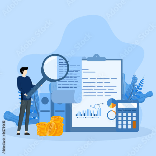 Business analysis concept, research for market growth, financial report, smart businessman analyst holding magnifying glass chart and analysis chart. investment data or sales information concept.