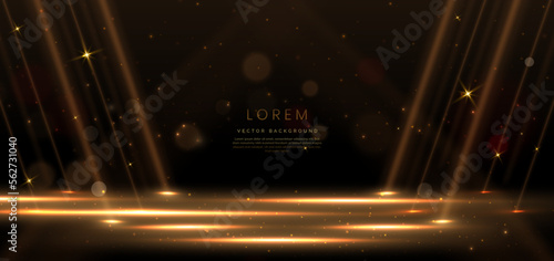 Elegant golden stage horizontal glowing with lighting effect sparkle on black background. Template premium award design.