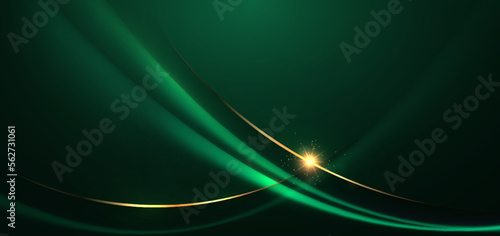 Abstract 3d gold curved green ribbon on dark green background with lighting effect and sparkle with copy space for text. Luxury design style.
