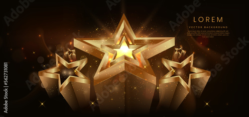3D gold color star glowing on dark brown background with lighting effect and sparkle. Luxury design award ceremony concept.