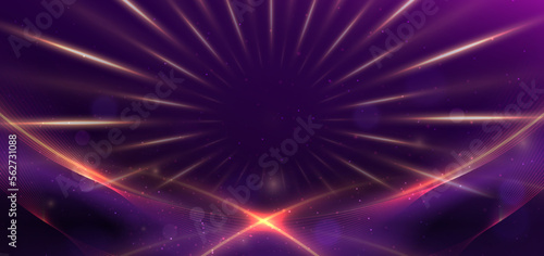 Luxury dark purple background with golden line curved and lighting effect sparkle.