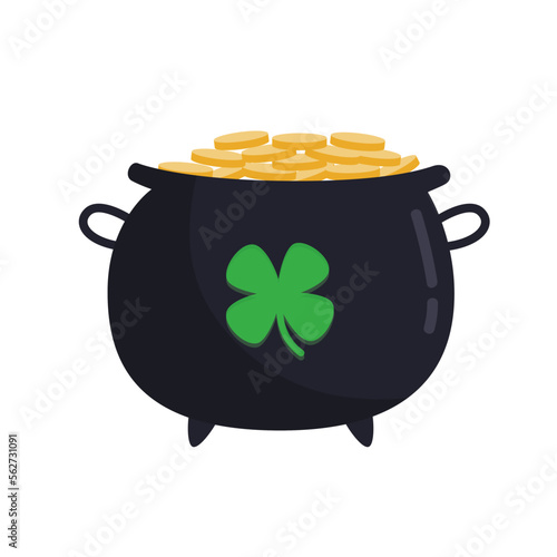 Leprechaun's cauldron with golden coins on white background. St. Patrick's Day celebration