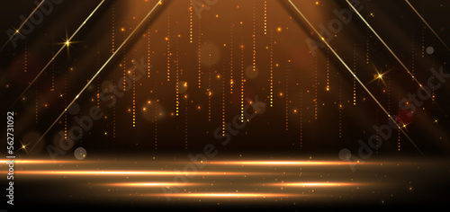 Elegant golden stage horizontal glowing with lighting effect sparkle on black background. Template premium award design.