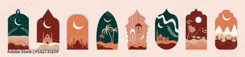Collection of decor with drawn Arabian night on light background