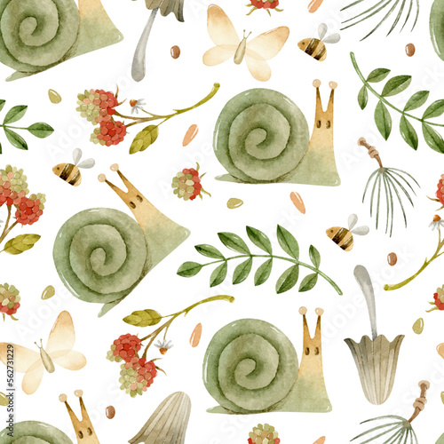 Watercolor snail, butterfly, raspberry and leaves seamless pattern