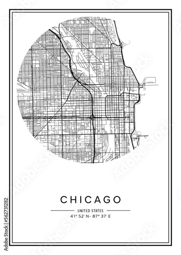 Black and white printable Chicago city map, poster design, vector illistration.