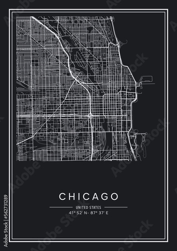 Black and white printable Chicago city map, poster design, vector illistration.