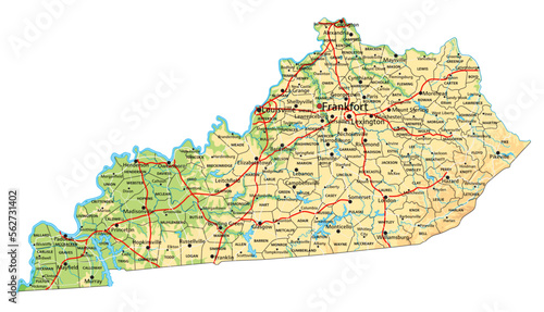 High detailed Kentucky physical map with labeling.