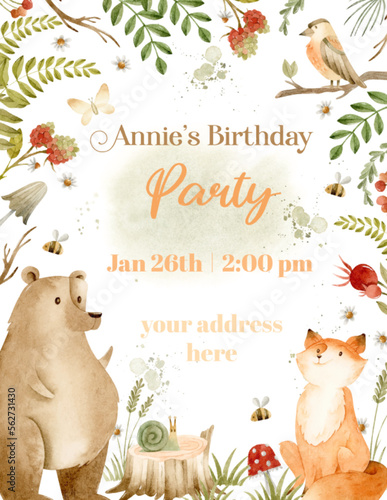 Watercolor bear, fox, bird on branch and forest elements invitation flyer template