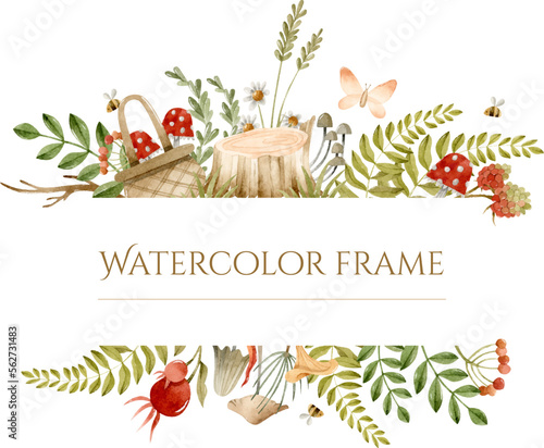 Basket with toadstools, butterfly, fern and stump with mushrooms watercolor frame